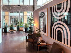 Large arch artwork installed in the lobby at The Maxwell at Xentury City